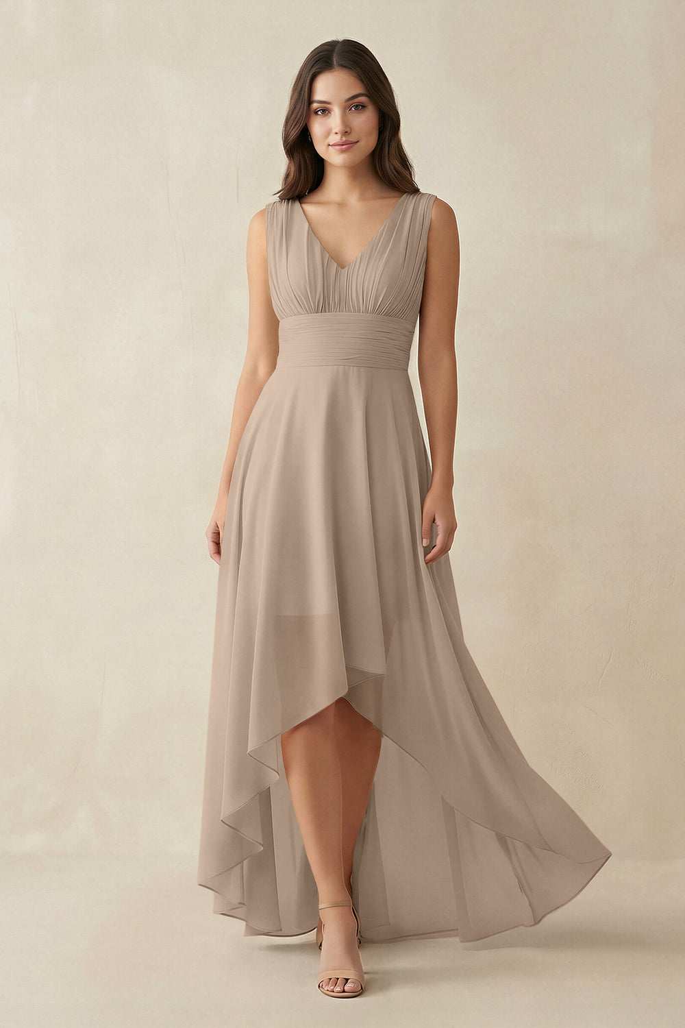 V-Neck High-Low Chiffon Bridesmaid Dress in Almond
