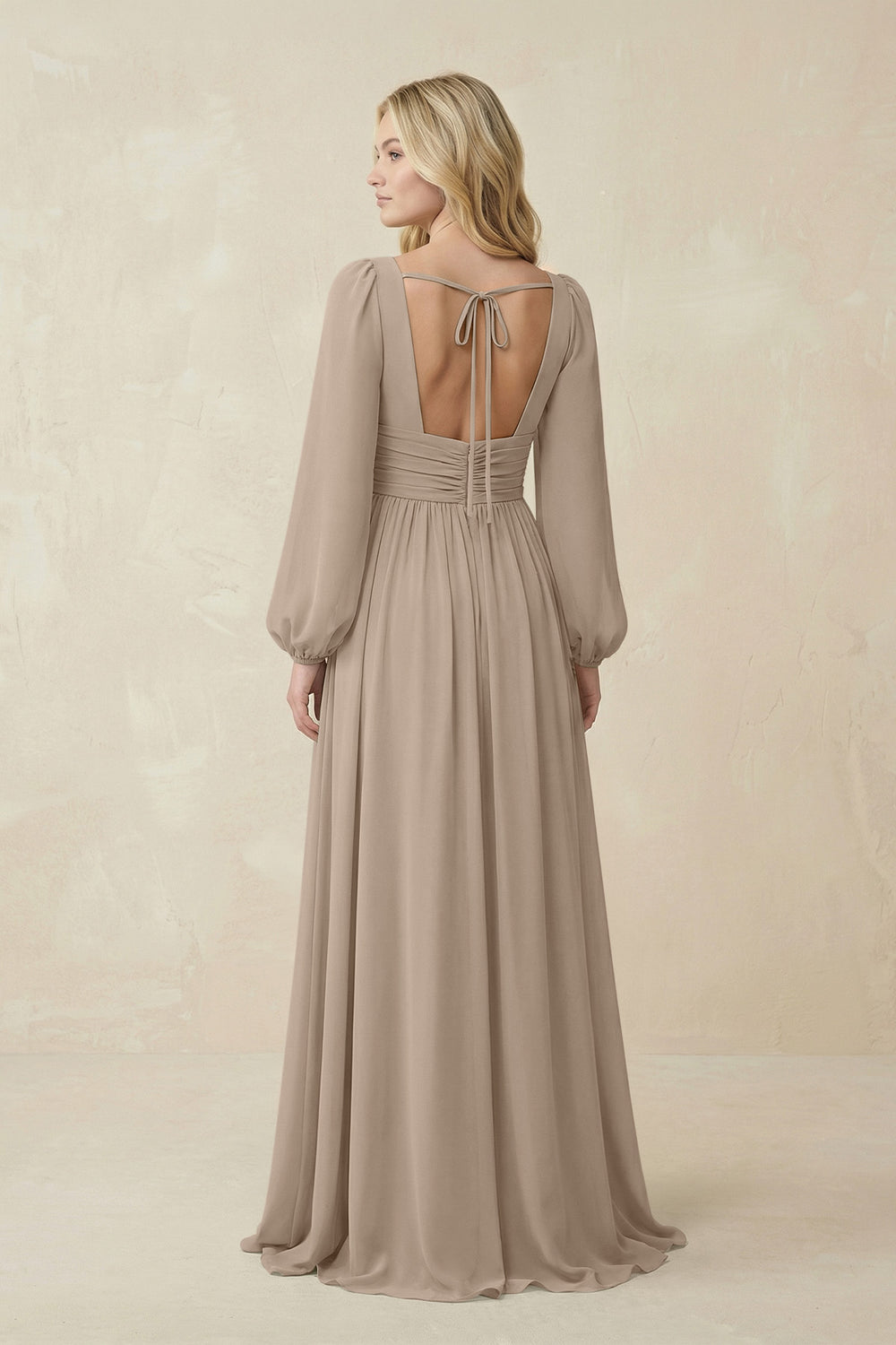 V-Neck Long Sleeve A-Line Chiffon Bridesmaid Dress in Almond