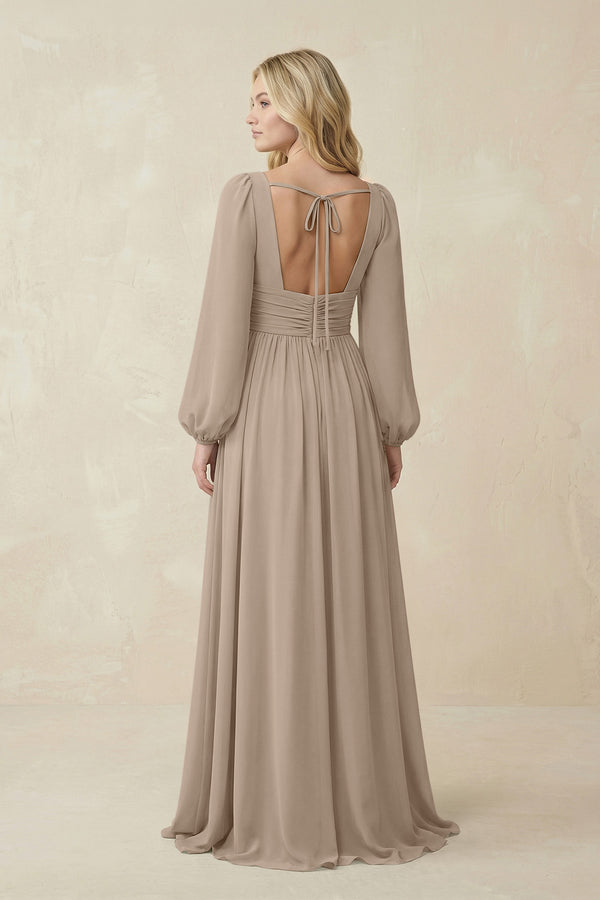 Almond V-Neck Long Sleeve A-Line Chiffon Bridesmaid Dress (2) | KISSBRIDAL
