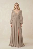 Almond V-Neck Long Sleeve A-Line Chiffon Bridesmaid Dress | KISSBRIDAL
