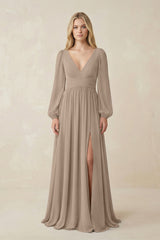 Almond V-Neck Long Sleeve A-Line Chiffon Bridesmaid Dress | KISSBRIDAL