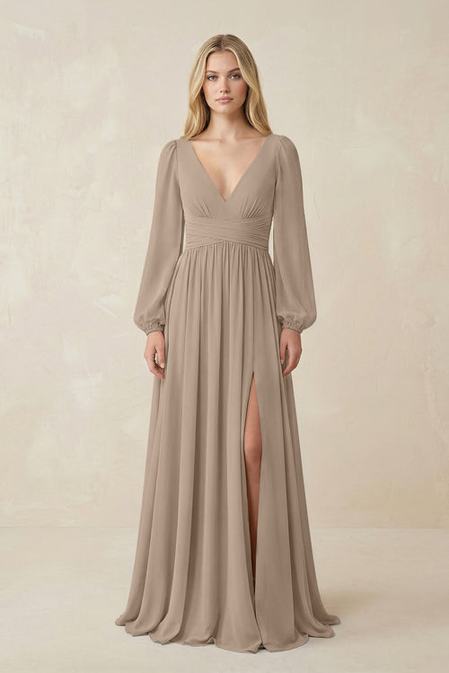 Almond V-Neck Long Sleeve A-Line Chiffon Bridesmaid Dress | KISSBRIDAL