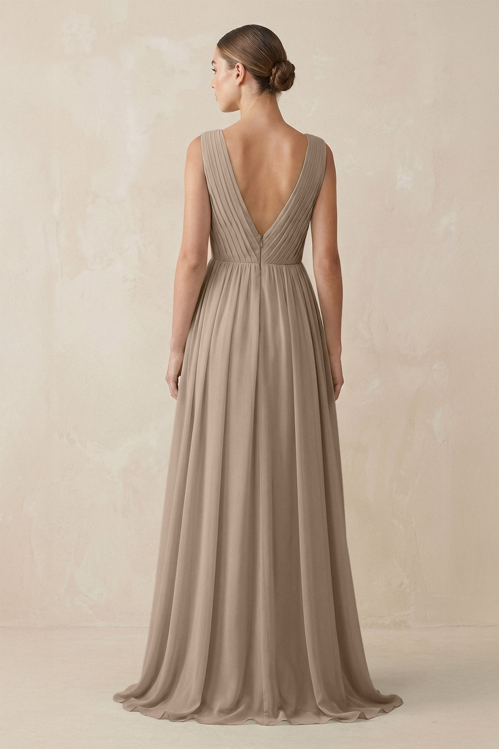V-Neck Pleated A-Line Chiffon Bridesmaid Dress in Almond