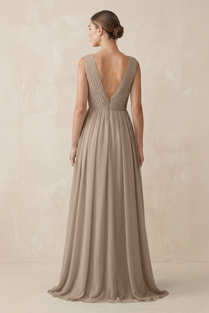 Almond V-Neck Pleated A-Line Chiffon Bridesmaid Dress (2) | KISSBRIDAL