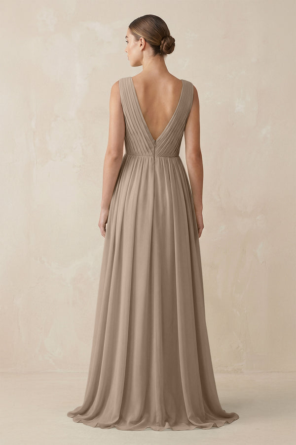 Almond V-Neck Pleated A-Line Chiffon Bridesmaid Dress (2) | KISSBRIDAL