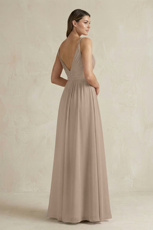 Almond V-Neck Pleated A-Line Chiffon Bridesmaid Dress (2) | KISSBRIDAL
