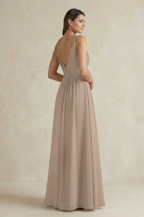 Almond V-Neck Pleated A-Line Chiffon Bridesmaid Dress (2) | KISSBRIDAL