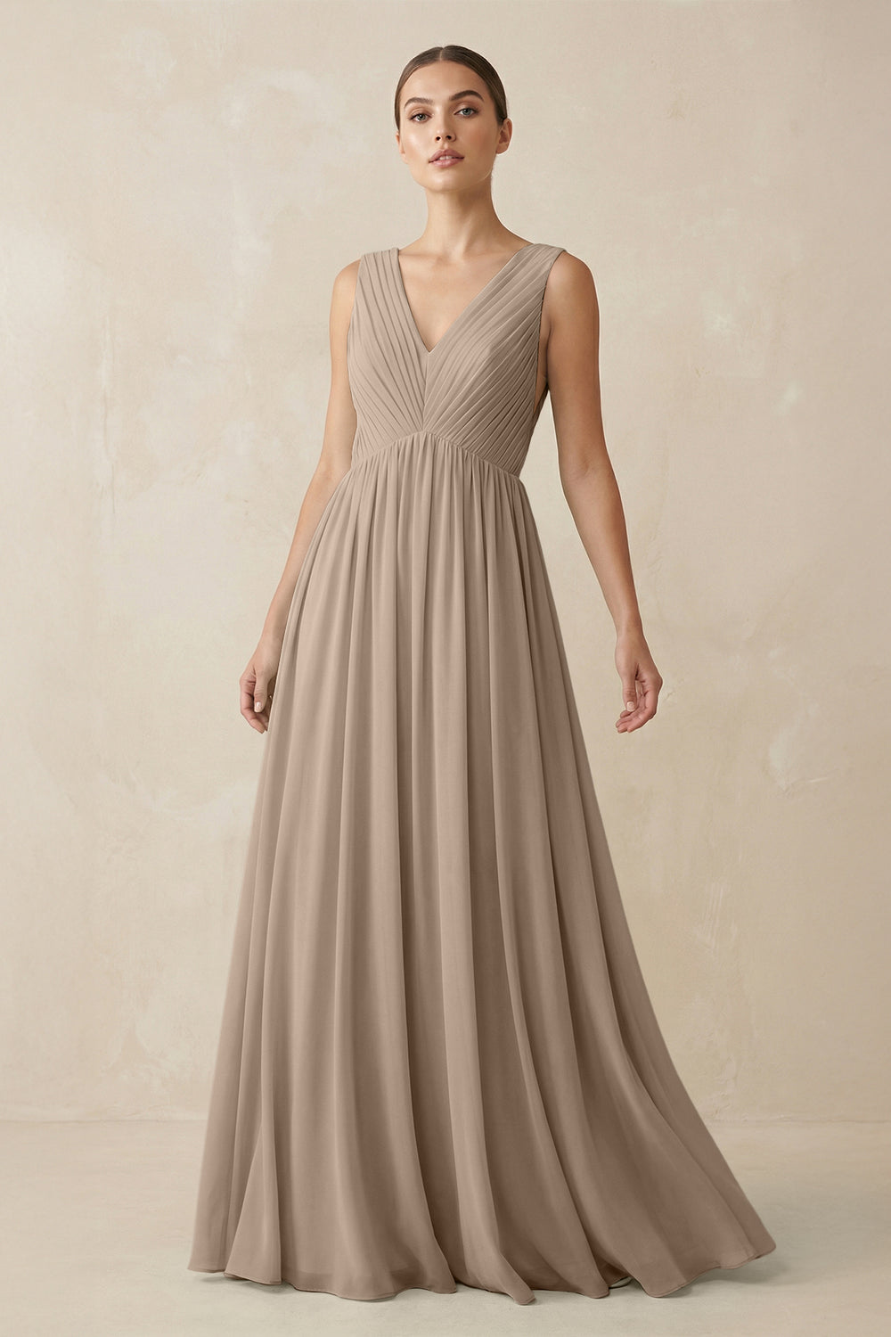 V-Neck Pleated A-Line Chiffon Bridesmaid Dress in Almond