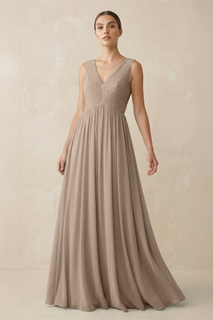 Almond V-Neck Pleated A-Line Chiffon Bridesmaid Dress | KISSBRIDAL