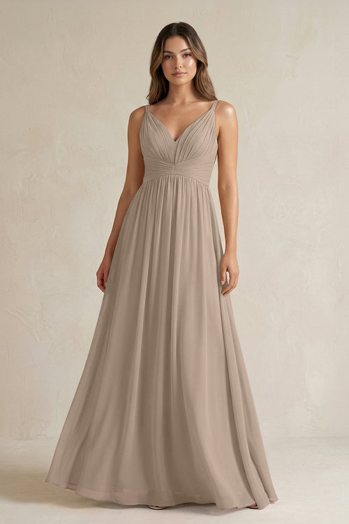 Almond V-Neck Pleated A-Line Chiffon Bridesmaid Dress | KISSBRIDAL
