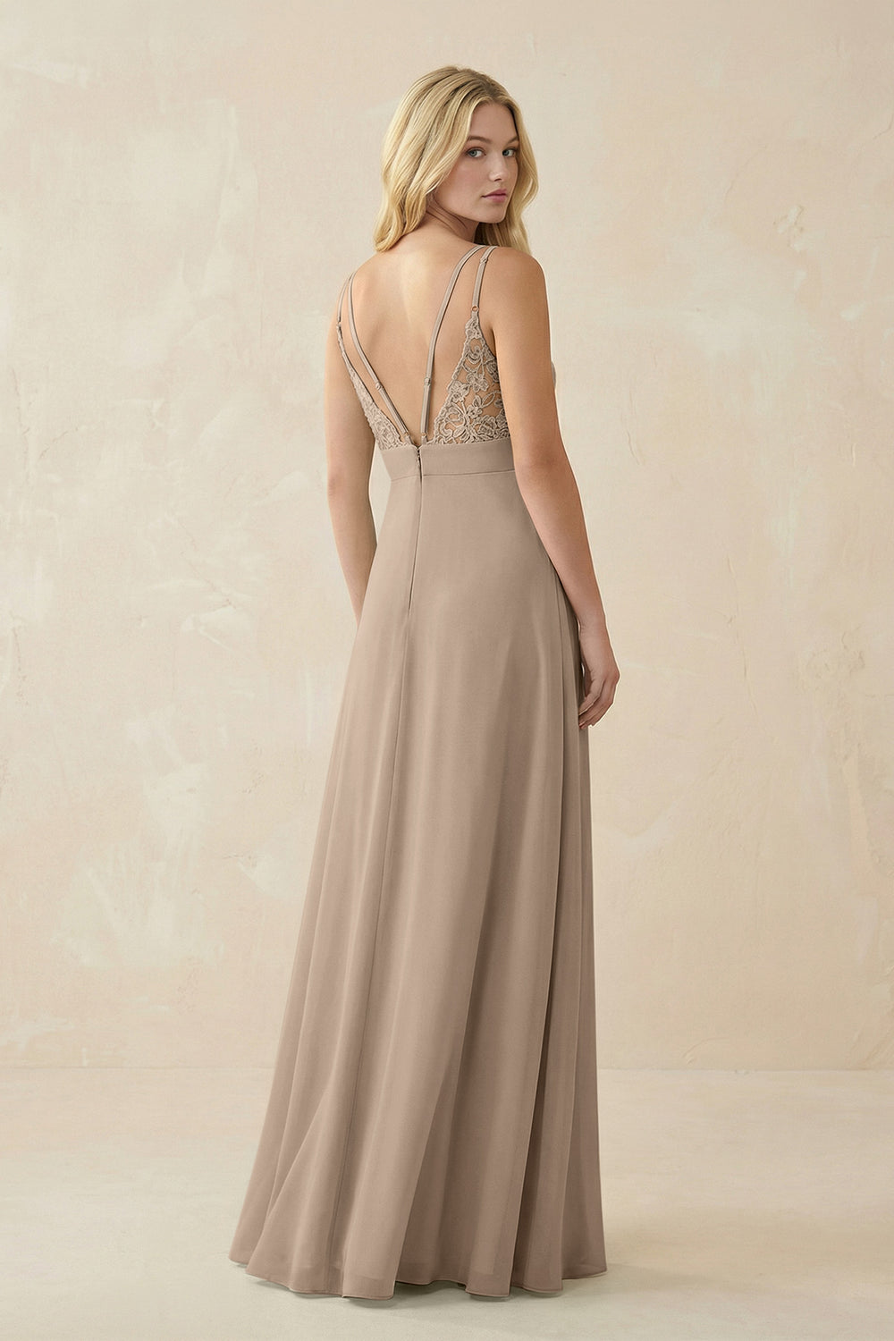 V-Neck Ruched Chiffon Bridesmaid Dress with Slit in Almond