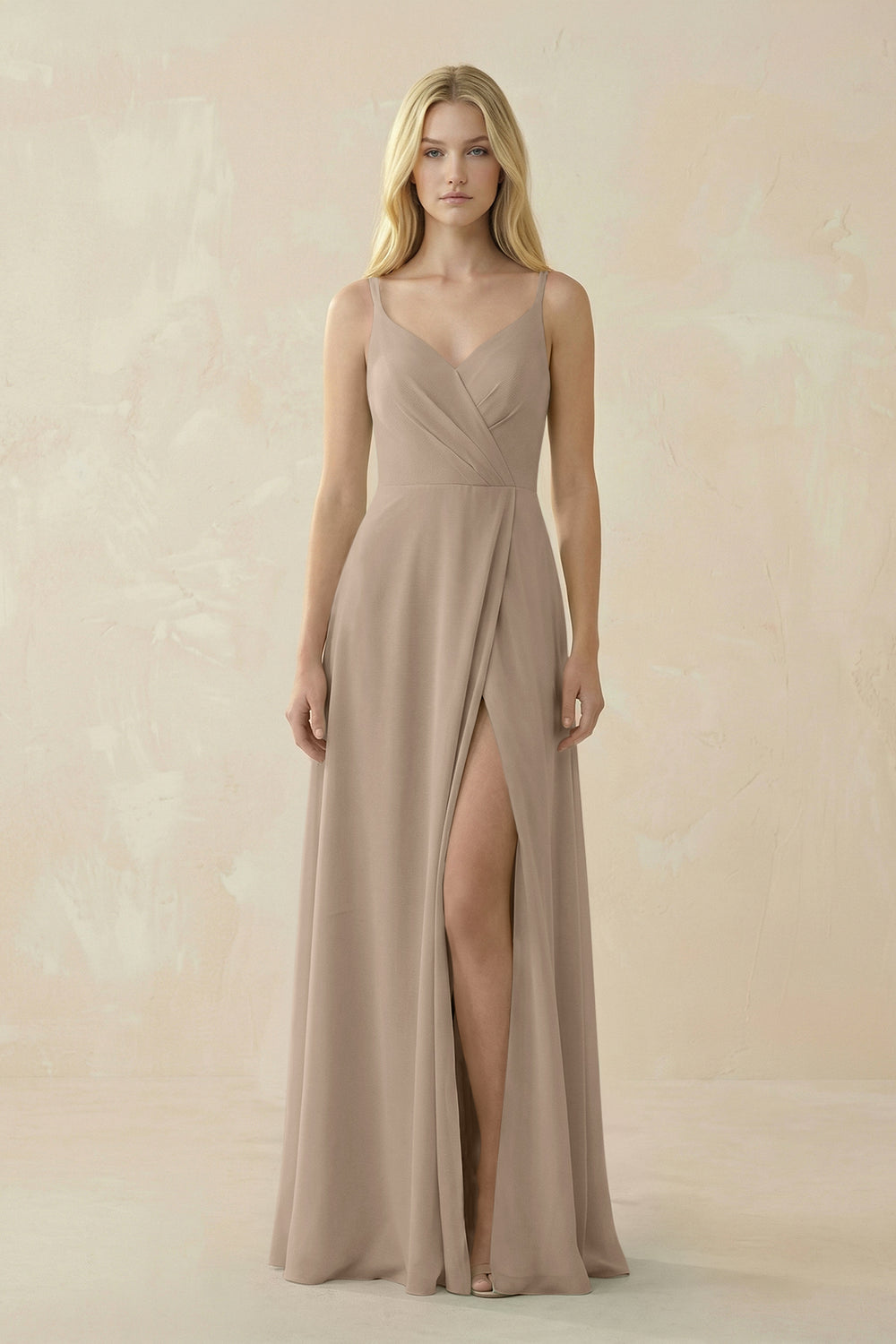 V-Neck Ruched Chiffon Bridesmaid Dress with Slit in Almond
