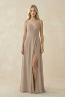 Almond V-Neck Ruched Chiffon Bridesmaid Dress with Slit | KISSBRIDAL