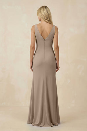 Almond V-Neck Ruched Sheath Bridesmaid Dress with Slit (2) | KISSBRIDAL