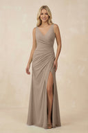 Almond V-Neck Ruched Sheath Bridesmaid Dress with Slit | KISSBRIDAL