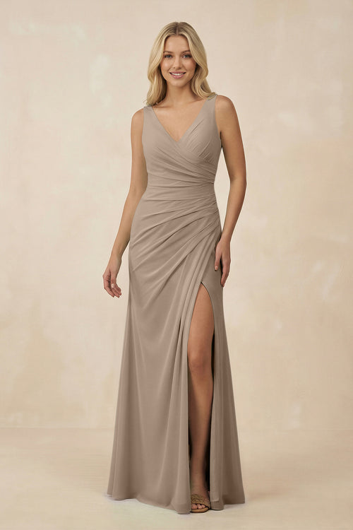 Almond V-Neck Ruched Sheath Bridesmaid Dress with Slit | KISSBRIDAL