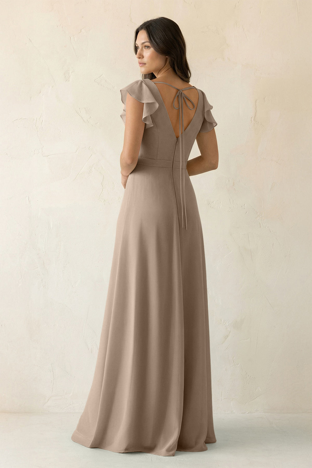 V-Neck Ruffled A-Line Chiffon Bridesmaid Dress in Almond