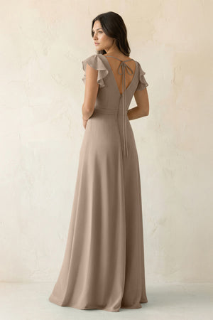 Almond V-Neck Ruffled A-Line Chiffon Bridesmaid Dress (2) | KISSBRIDAL