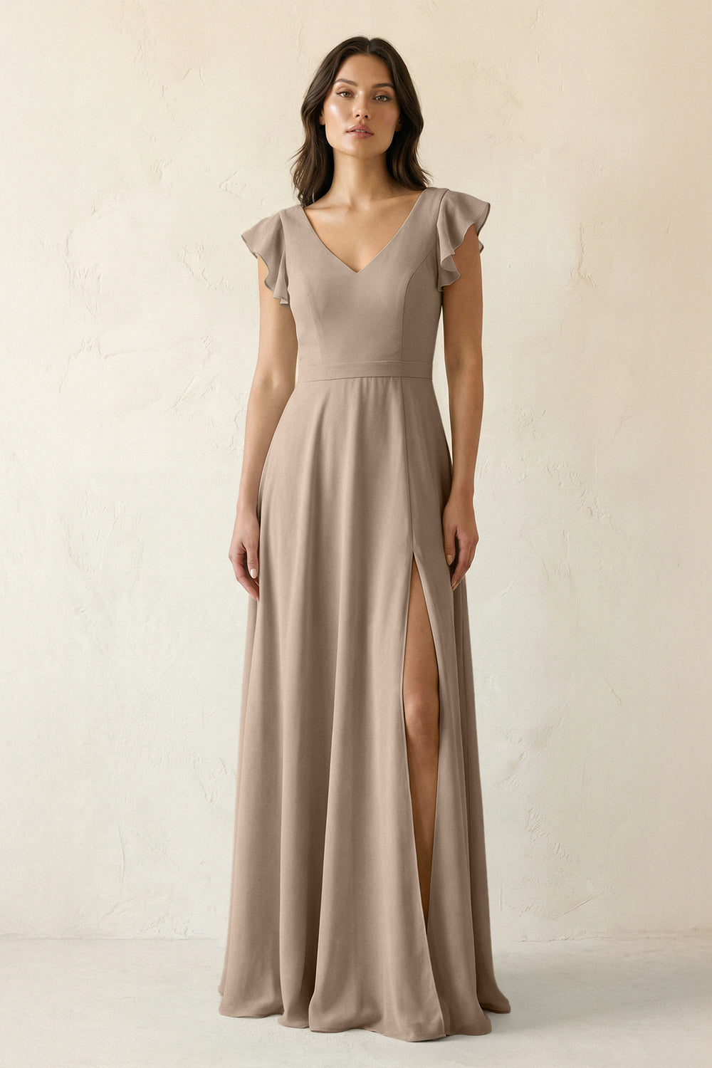 V-Neck Ruffled A-Line Chiffon Bridesmaid Dress in Almond
