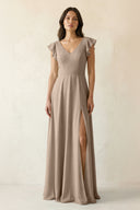 Almond V-Neck Ruffled A-Line Chiffon Bridesmaid Dress | KISSBRIDAL