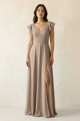 Almond V-Neck Ruffled A-Line Chiffon Bridesmaid Dress | KISSBRIDAL