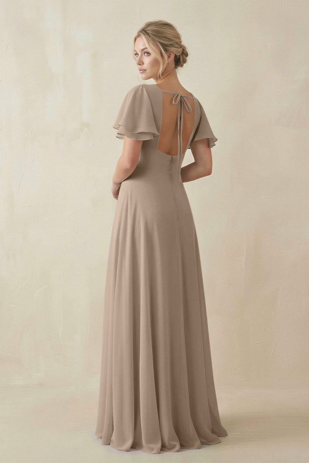 V-Neck Ruffled Short Sleeves A-Line Bridesmaid Dress in Almond