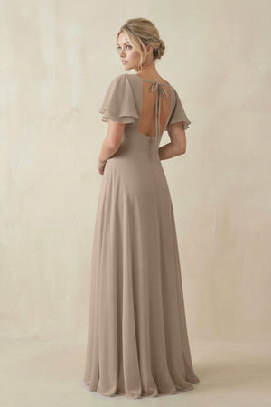 Almond V-Neck Ruffled Short Sleeves A-Line Bridesmaid Dress (2) | KISSBRIDAL