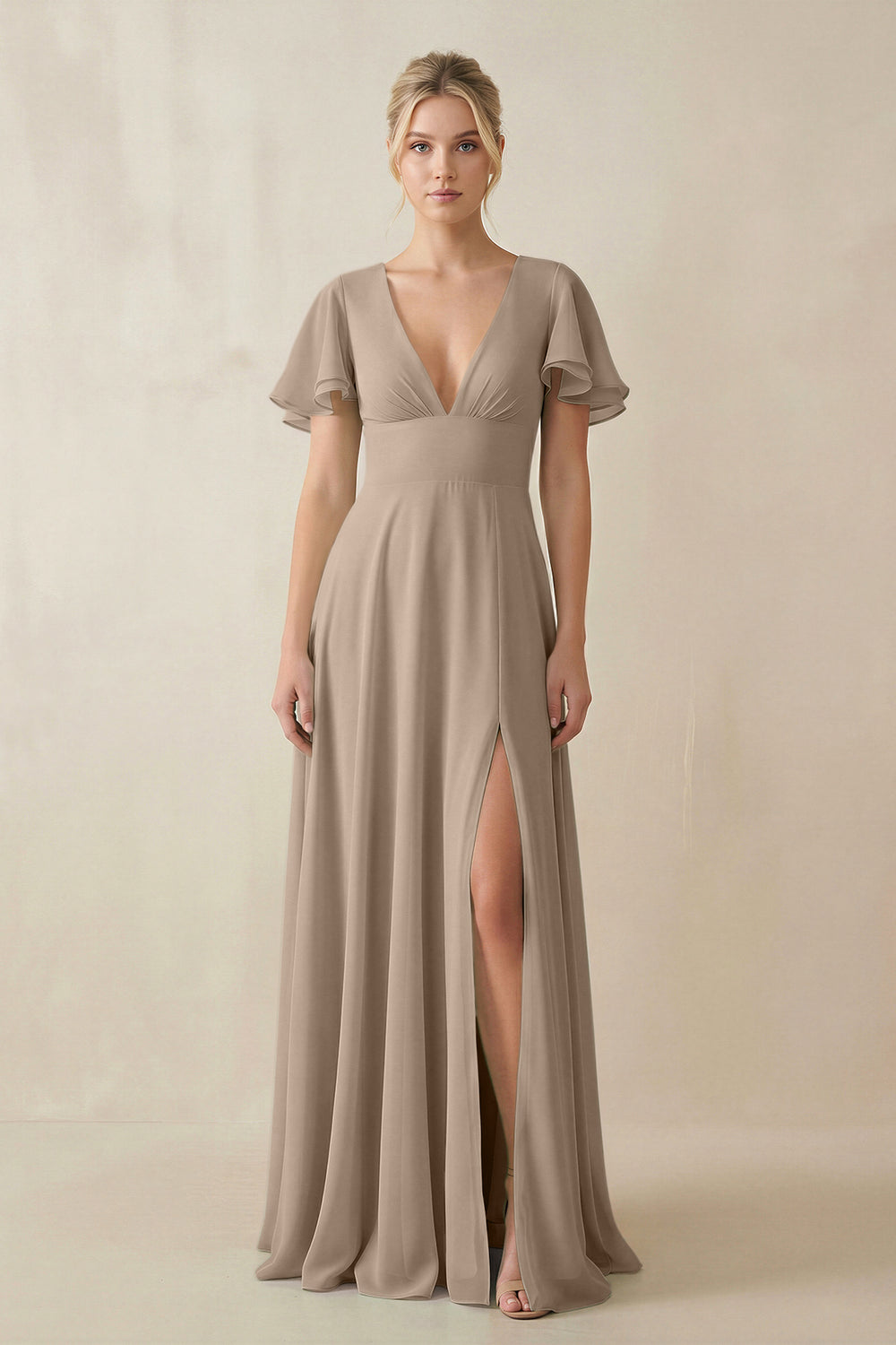 V-Neck Ruffled Short Sleeves A-Line Bridesmaid Dress in Almond