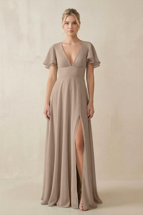 Almond V-Neck Ruffled Short Sleeves A-Line Bridesmaid Dress | KISSBRIDAL