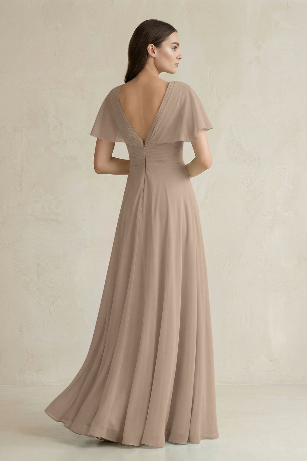 V-Neck Ruffled Sleeve A-Line Chiffon Bridesmaid Dress in Almond