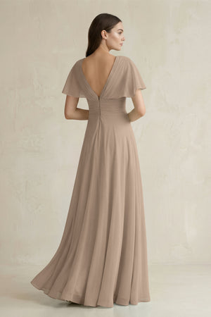 Almond V-Neck Ruffled Sleeve A-Line Chiffon Bridesmaid Dress (2) | KISSBRIDAL