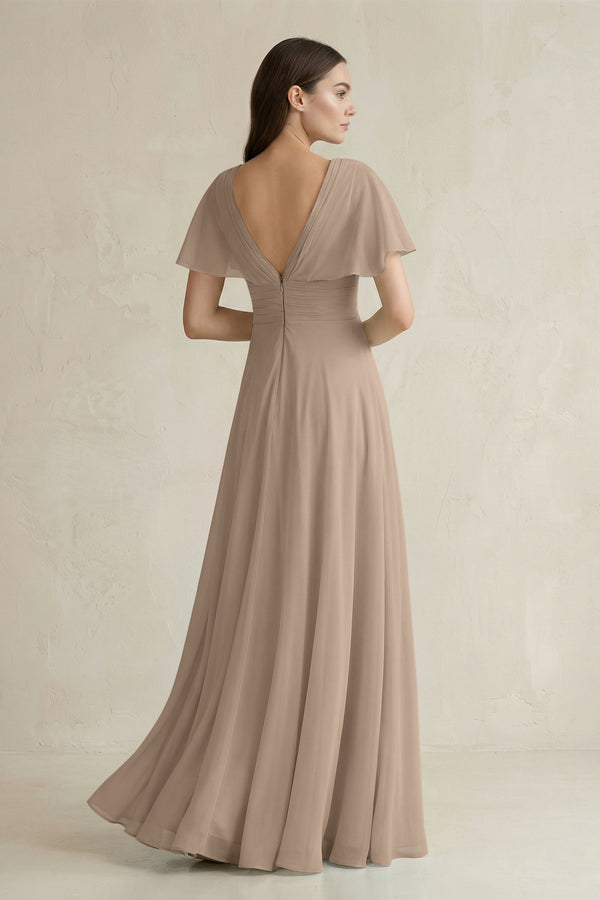 Almond V-Neck Ruffled Sleeve A-Line Chiffon Bridesmaid Dress (2) | KISSBRIDAL