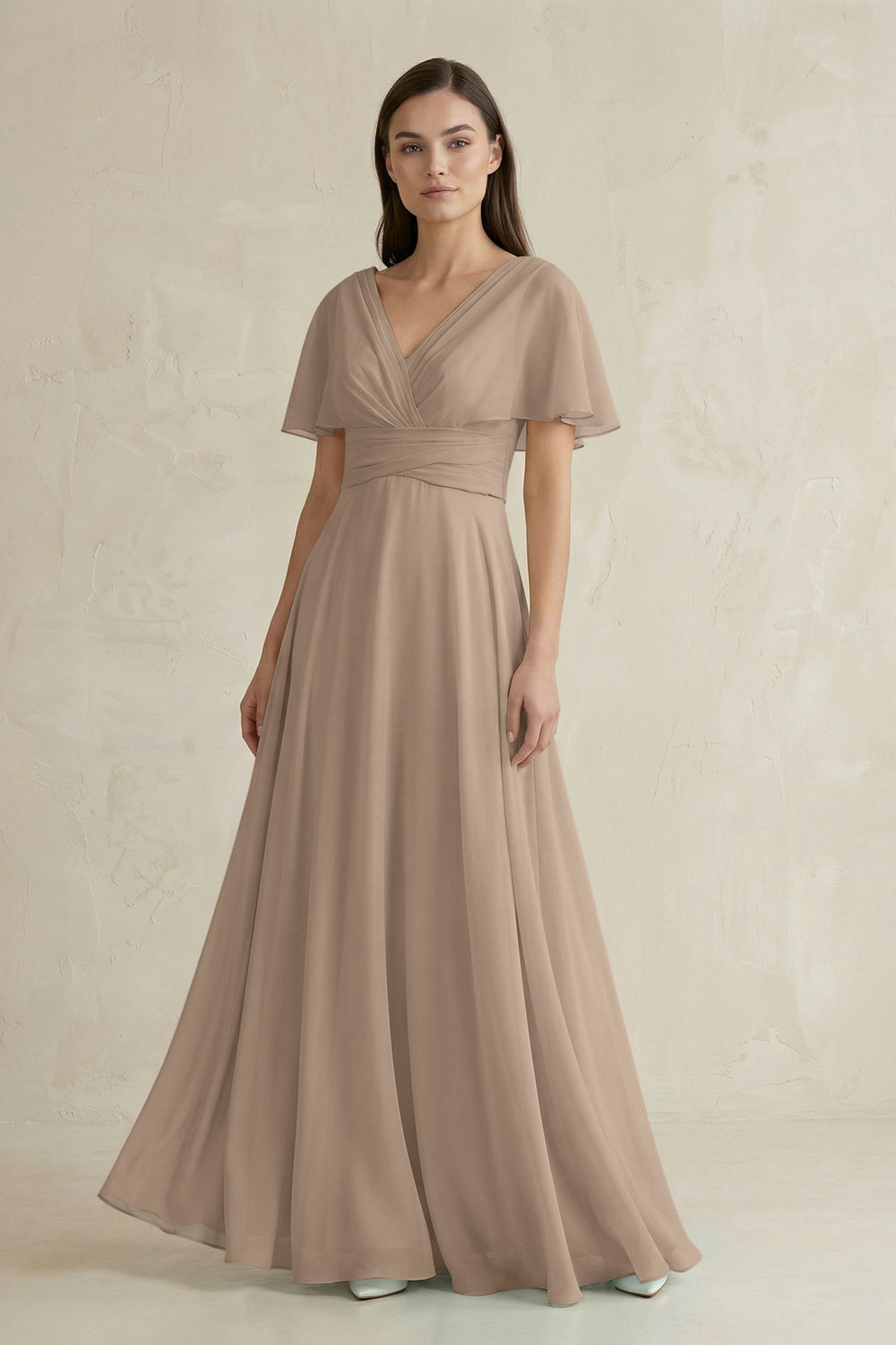 V-Neck Ruffled Sleeve A-Line Chiffon Bridesmaid Dress in Almond