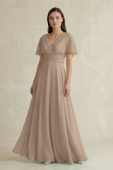 Almond V-Neck Ruffled Sleeve A-Line Chiffon Bridesmaid Dress | KISSBRIDAL
