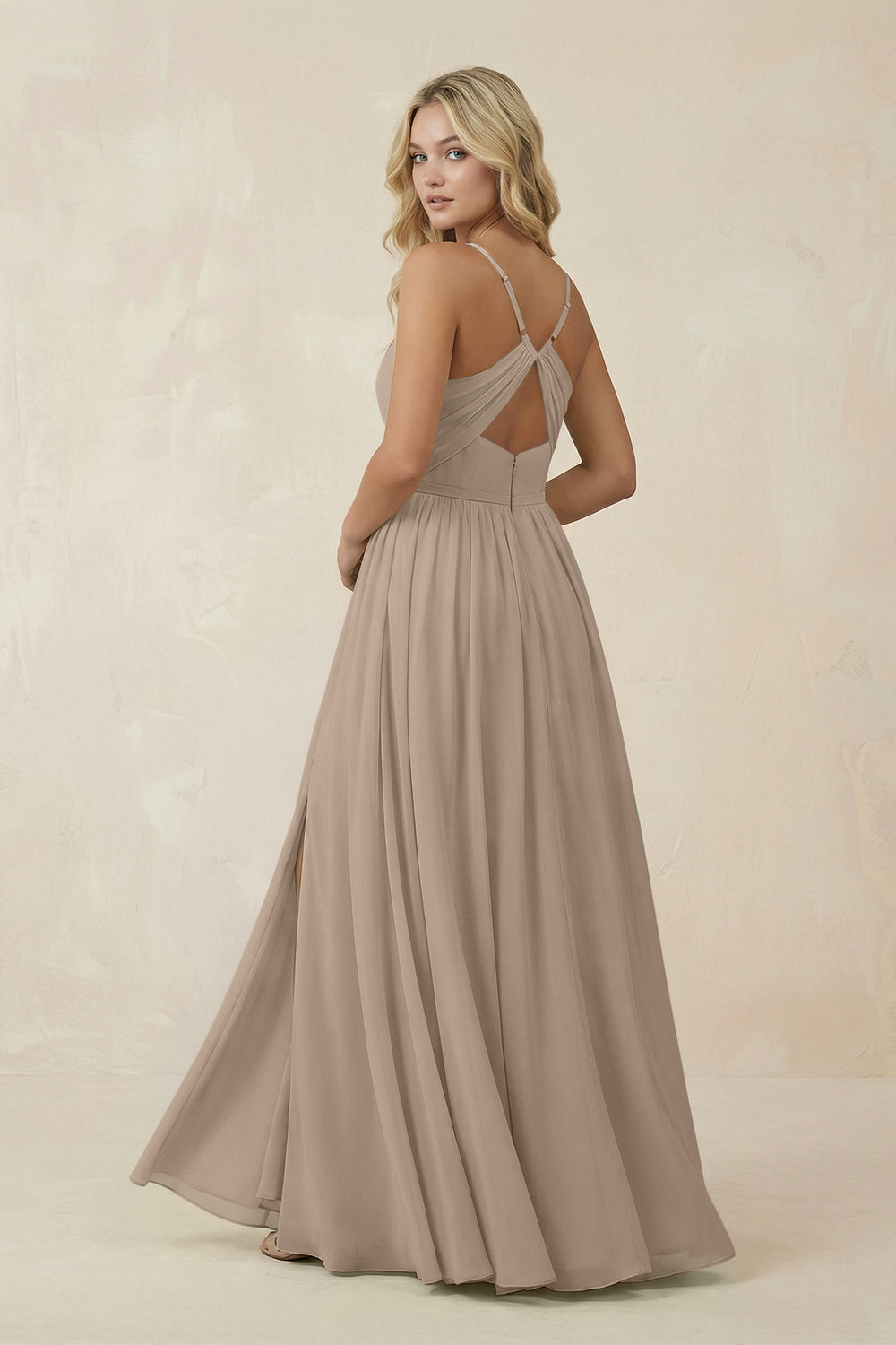 V-Neck Spaghetti Strap A-Line Chiffon Bridesmaid Dress in Almond
