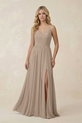 Almond V-Neck Spaghetti Strap A-Line Chiffon Bridesmaid Dress | KISSBRIDAL