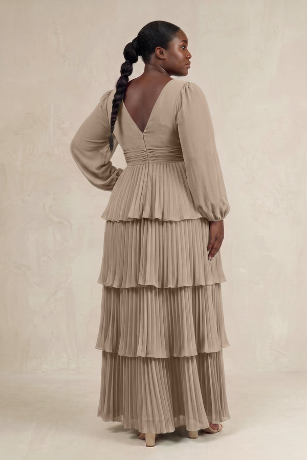 Almond V-Neck Tiered A-Line Long Sleeve Bridesmaid Dress (2) [sizeplus] | KISSBRIDAL