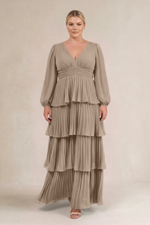 Almond V-Neck Tiered A-Line Long Sleeve Bridesmaid Dress (3) [sizeplus] | KISSBRIDAL