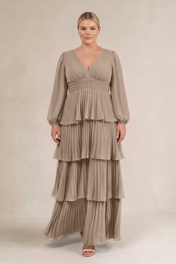 Almond V-Neck Tiered A-Line Long Sleeve Bridesmaid Dress (3) [sizeplus] | KISSBRIDAL