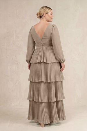Almond V-Neck Tiered A-Line Long Sleeve Bridesmaid Dress (4) [sizeplus] | KISSBRIDAL