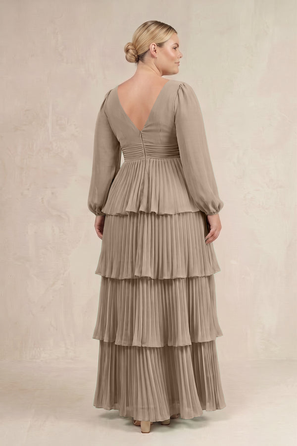 Almond V-Neck Tiered A-Line Long Sleeve Bridesmaid Dress (4) [sizeplus] | KISSBRIDAL