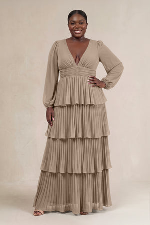 Almond V-Neck Tiered A-Line Long Sleeve Bridesmaid Dress [sizeplus] | KISSBRIDAL