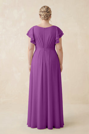 Amethyst Cap Sleeve Ruffled A-Line Chiffon Bridesmaid Dress (2) | KISSBRIDAL