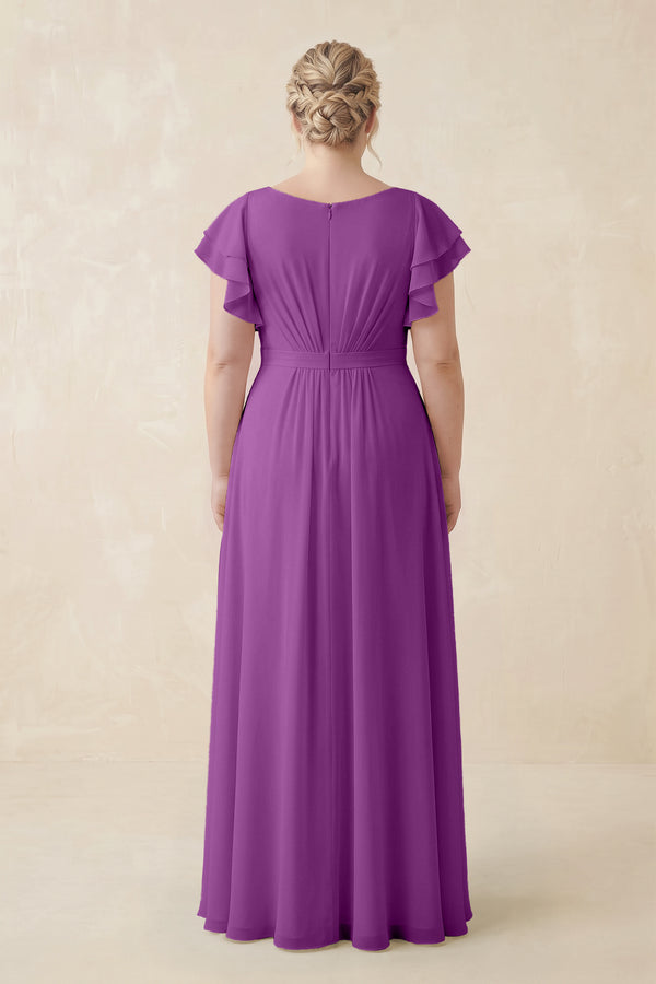 Amethyst Cap Sleeve Ruffled A-Line Chiffon Bridesmaid Dress (2) | KISSBRIDAL