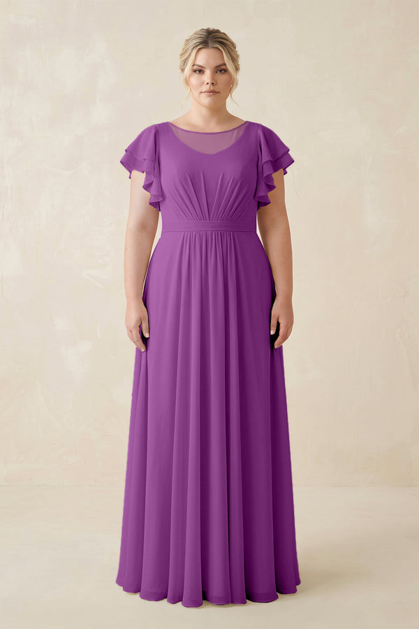 Amethyst Cap Sleeve Ruffled A-Line Chiffon Bridesmaid Dress | KISSBRIDAL