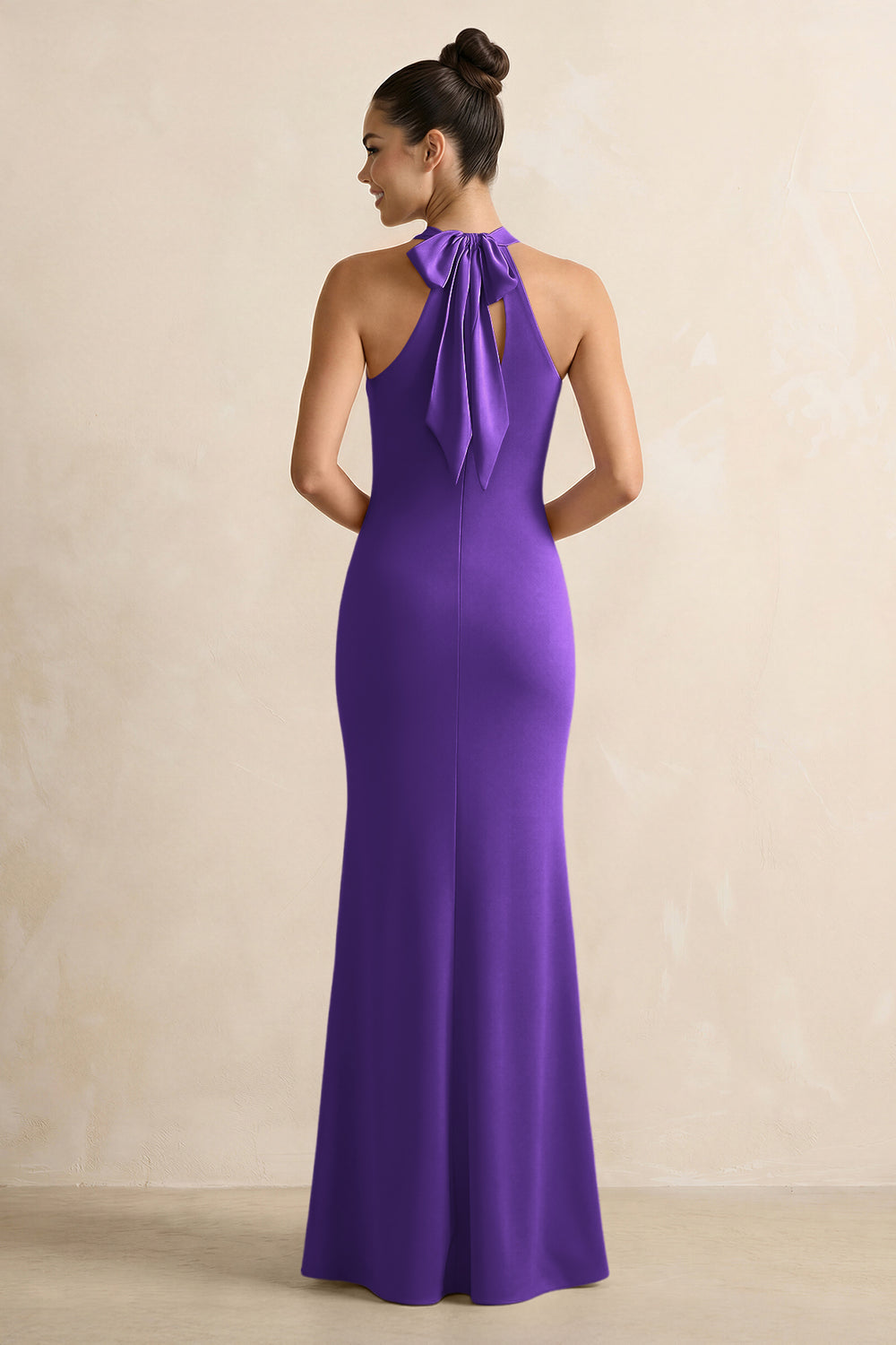 Crisscross Halter Sheath Satin Bridesmaid Dress with Bow in Amethyst