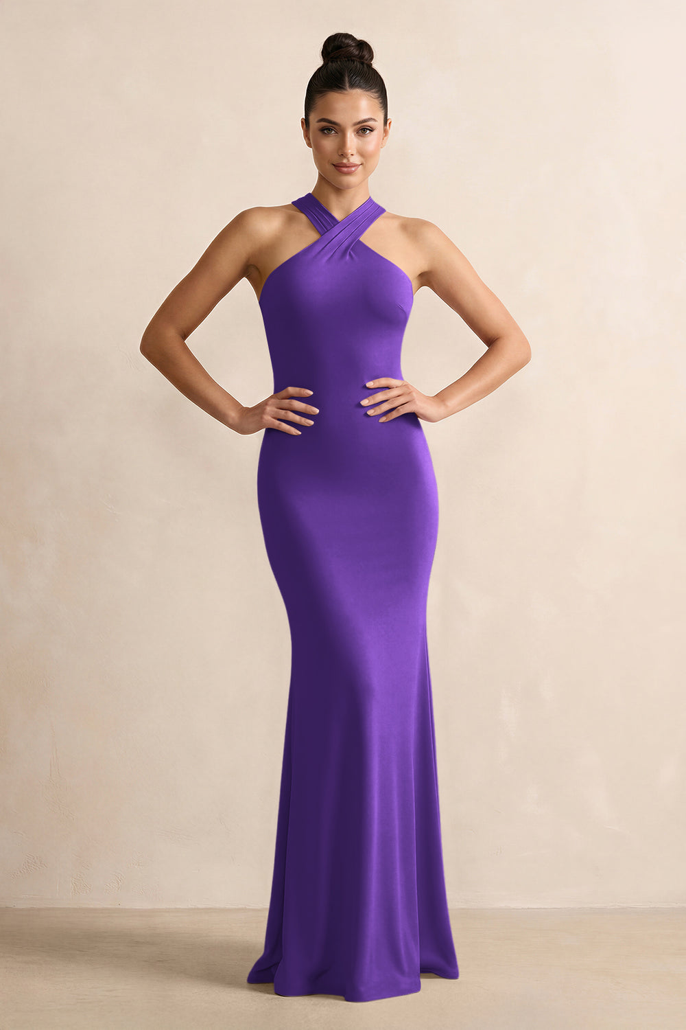 Crisscross Halter Sheath Satin Bridesmaid Dress with Bow in Amethyst