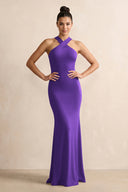 Amethyst Crisscross Halter Sheath Satin Bridesmaid Dress with Bow | KISSBRIDAL
