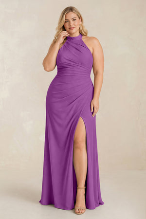 Amethyst High Neck Chiffon Sheath Ruched Bridesmaid Dress [sizeplus] | KISSBRIDAL