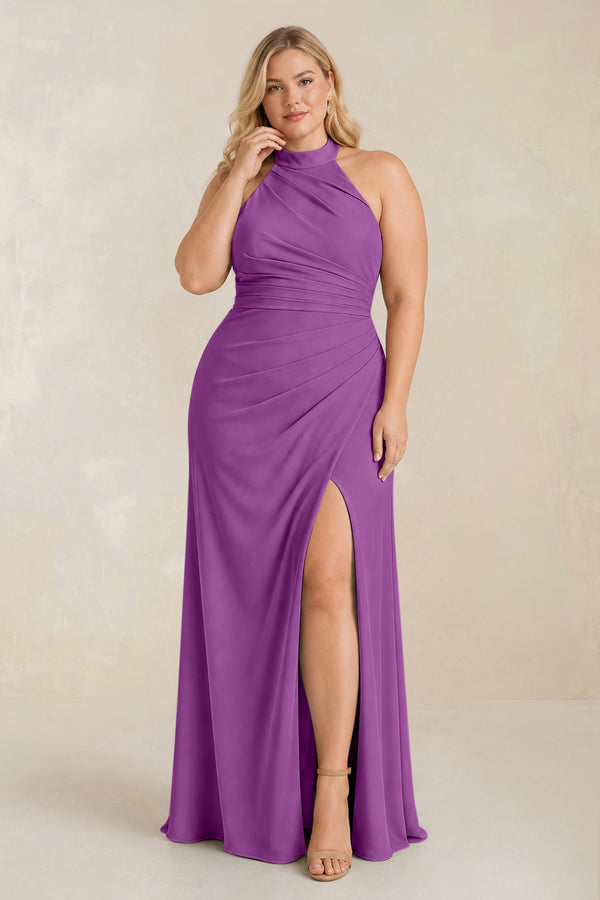 Amethyst High Neck Chiffon Sheath Ruched Bridesmaid Dress [sizeplus] | KISSBRIDAL